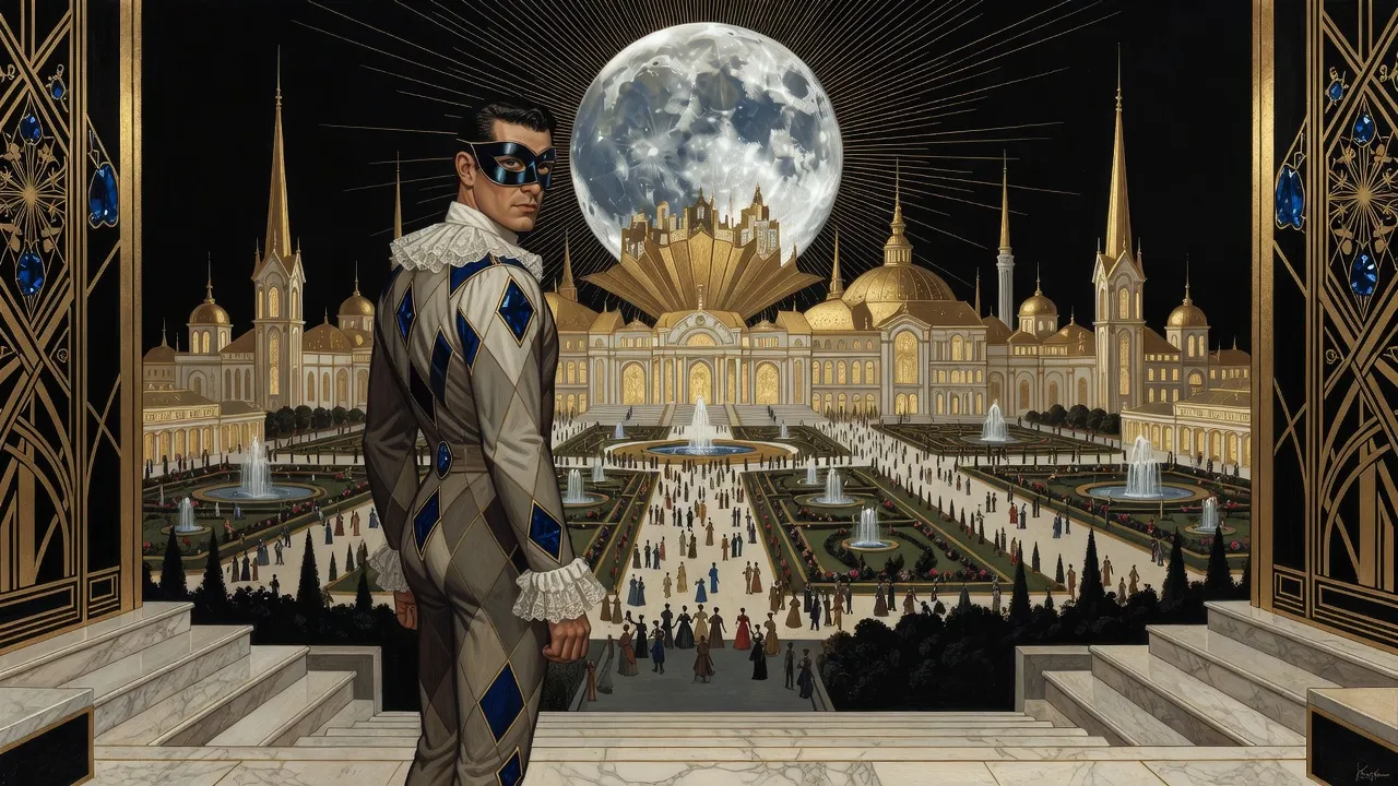 A man in a Harlequin costume and black half-mask looks back over his shoulder on the steps of a golden palace-city at night, under an enormous silver moon.
