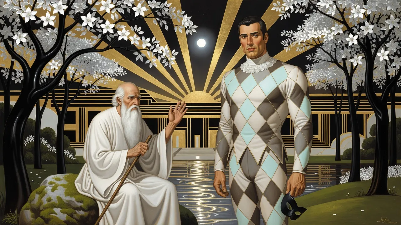 In a moonlit grove of black-barked, mirror-leaved trees, an old white-bearded man on a mossy rock waves his walking stick at a man in a Harlequin costume who holds his mask in his hand.