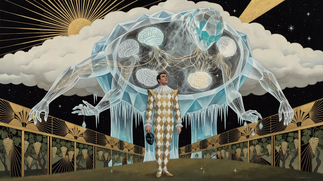 A man in a Harlequin costume looks up over his shoulder at a towering, translucent ice-blue creature like a walking iceberg, with glowing brains inside, beside moonlit vines.
