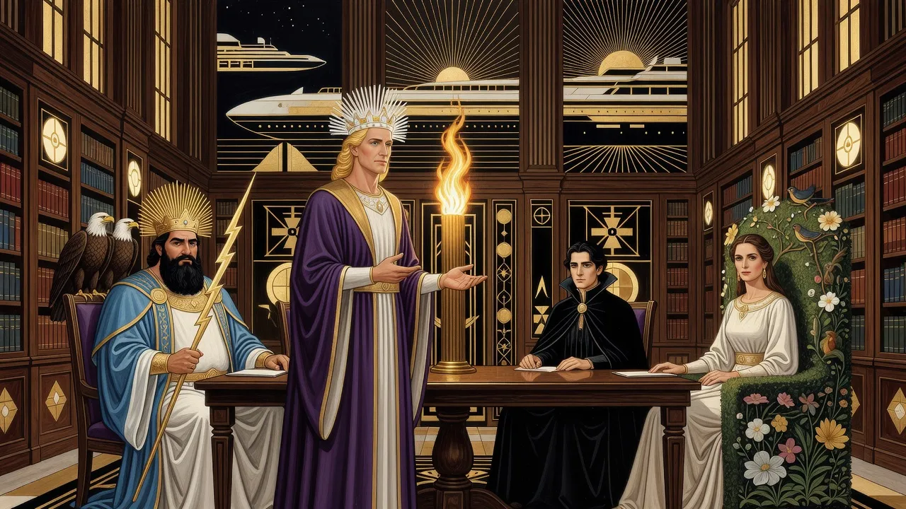 In an oak-panelled library at night, a man robed in imperial purple with a rayed white diadem stands addressing a table where a black-bearded crowned man with eagles, a pale young man in a high black cape and a woman on a throne of flowers sit beneath a pillar of fire.