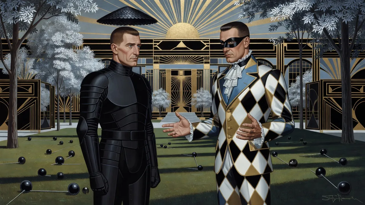 On a lawn among silver-leaved trees, strewn with small black probing spheres, a plain-faced, short-haired man in black power armour with a ring of black scales hovering above his head faces an indignant man in a black, white and gold Harlequin costume.