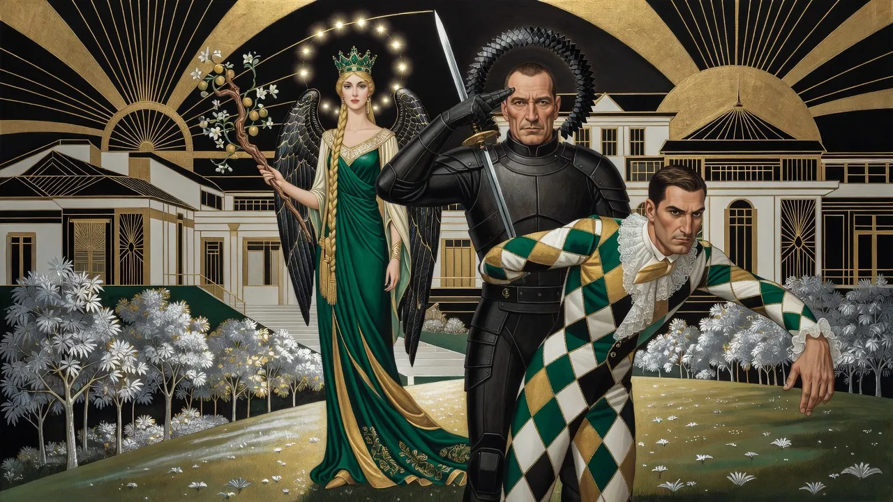 A very tall, winged, queenly woman in emerald green, ringed by floating lights and holding a blossoming wand, comes down a moonlit lawn while a man in black armour salutes with an upright sword and a Harlequin bows.