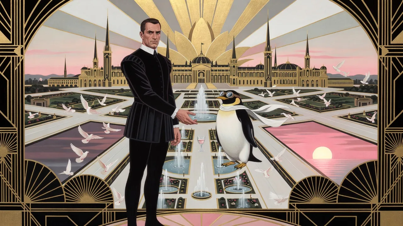 High above a golden palace-city at dawn, a man in black Elizabethan clothes stands in mid-air letting a crystal goblet fall, beside a flying penguin in goggles and a long white scarf, with a second small sun rising in the east.