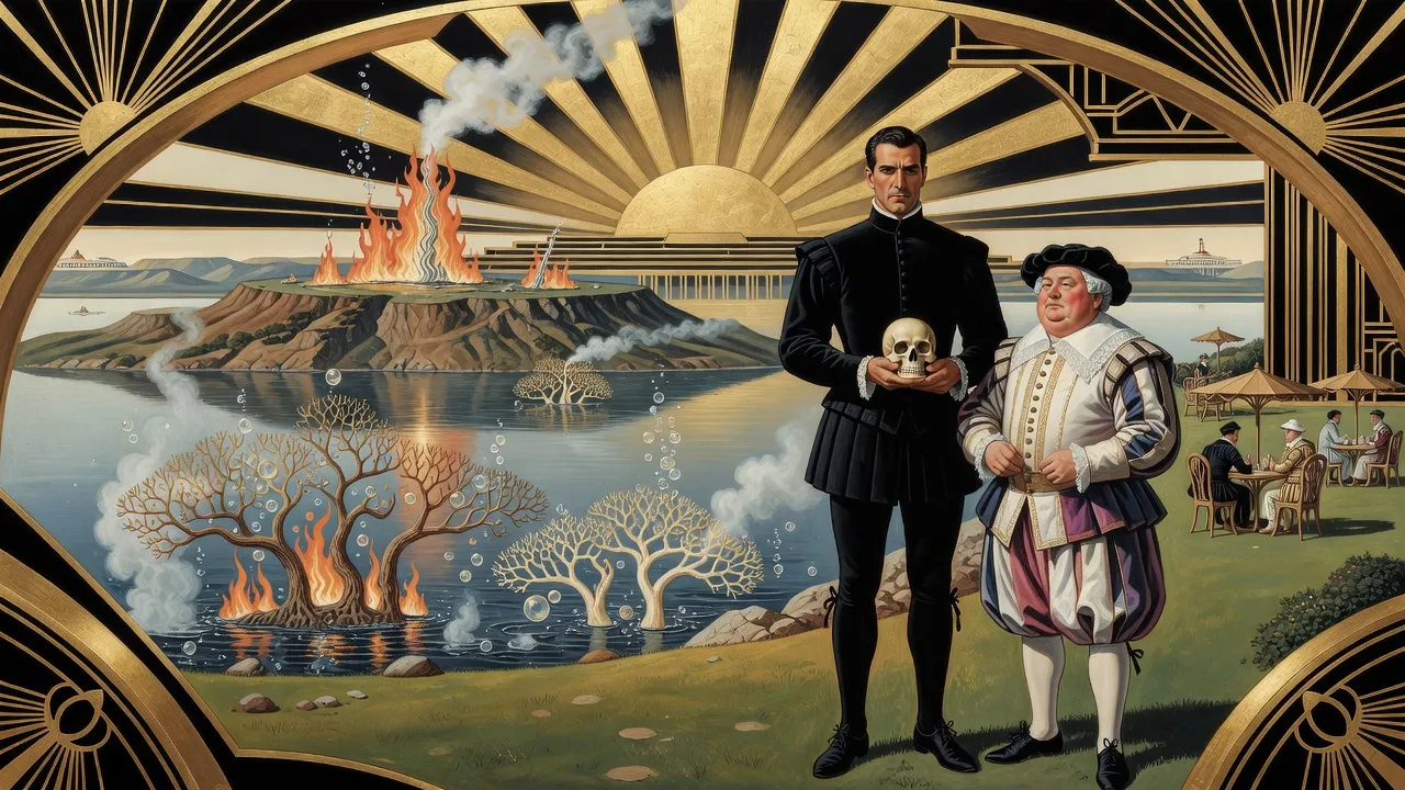 By a vast steaming lake where glowing coral-like trees grow under the boiling water, a man in black Elizabethan clothes looks down at a skull in his hand beside a portly courtier in white, purple and rose.