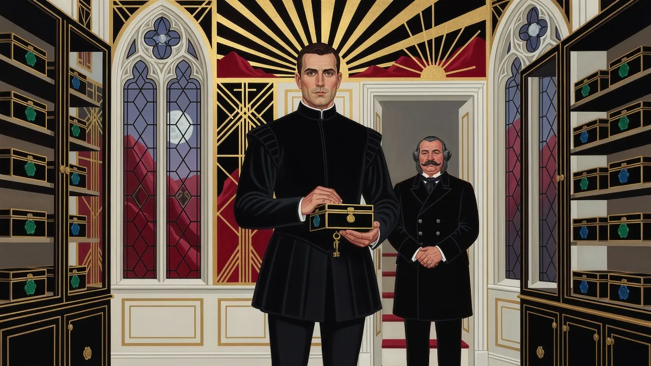 In a Victorian study lined with shelves of small sealed caskets, a man in black holds a small dark casket and stares out of diamond-paned windows at red mountains at dusk, while a portly whiskered butler waits in the doorway.