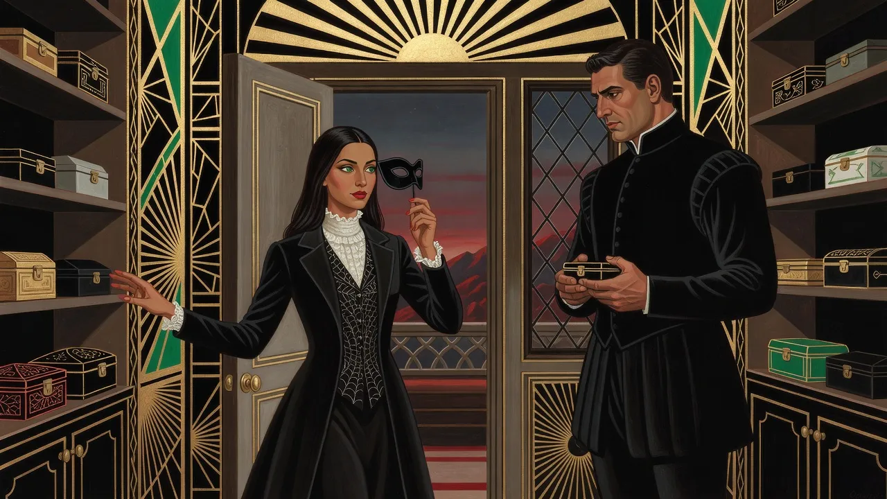 A dark-haired, green-eyed woman in a long black coat with a lace collar, holding a mask on a handle, stands in the doorway of a Victorian chamber of shelves and small caskets, facing a man in black who holds a small casket in both hands.
