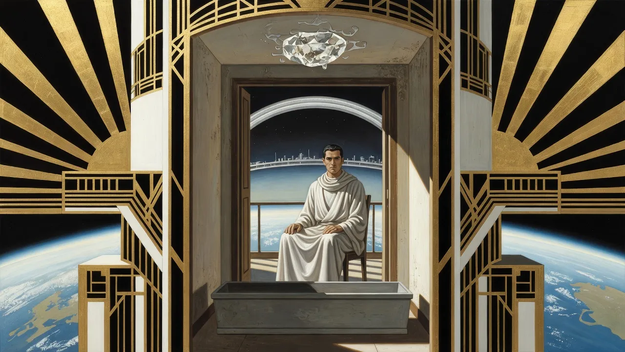 In a small grimy room with an open medical coffin and a crude crystal glued to the ceiling, a man wrapped in white silk sits on a balcony looking at a thin silver ring arching across the sky above the Earth.