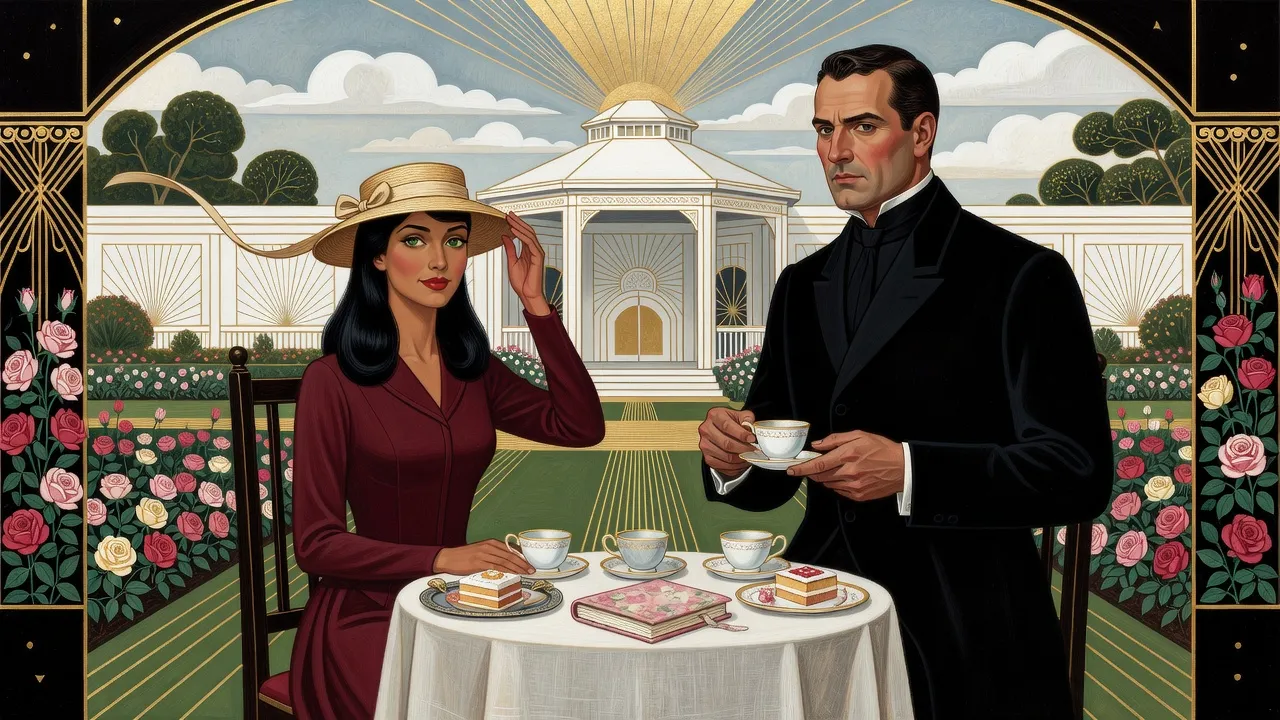 At a tea table in a sunny rose garden, a dark-haired woman in a burgundy Edwardian dress and straw hat holds her hat against the wind while a man in a black frock-coat watches her gravely, a small pastel diary between them.