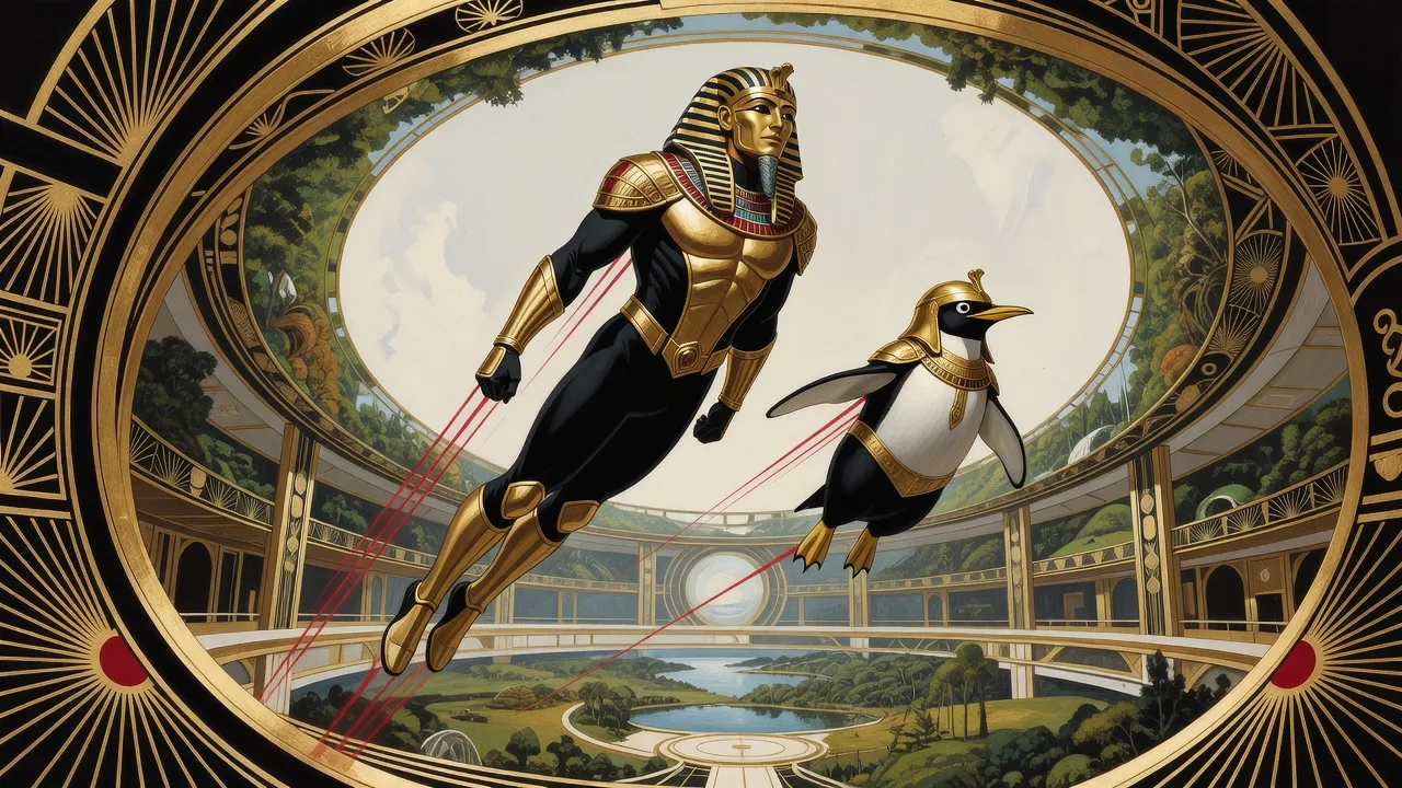 A figure in black and gold armour with a closed golden Egyptian-style helmet flies along the axis of a vast spinning cylinder whose curving walls are green with forests and blue with lakes, trailing thin red lines of light, beside a small penguin in matching gold armour.