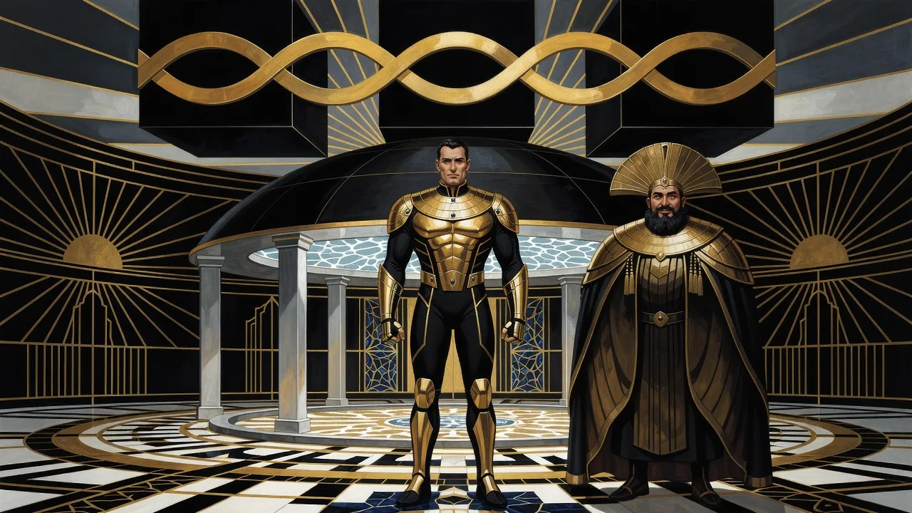 In a dark domed courtroom of silver pillars, rippling light falls on a mosaic floor beneath three floating black cubes crowned with gold spirals, while a man in black and gold armour stands alone and a bearded man in a beetle-winged cloak looks on.