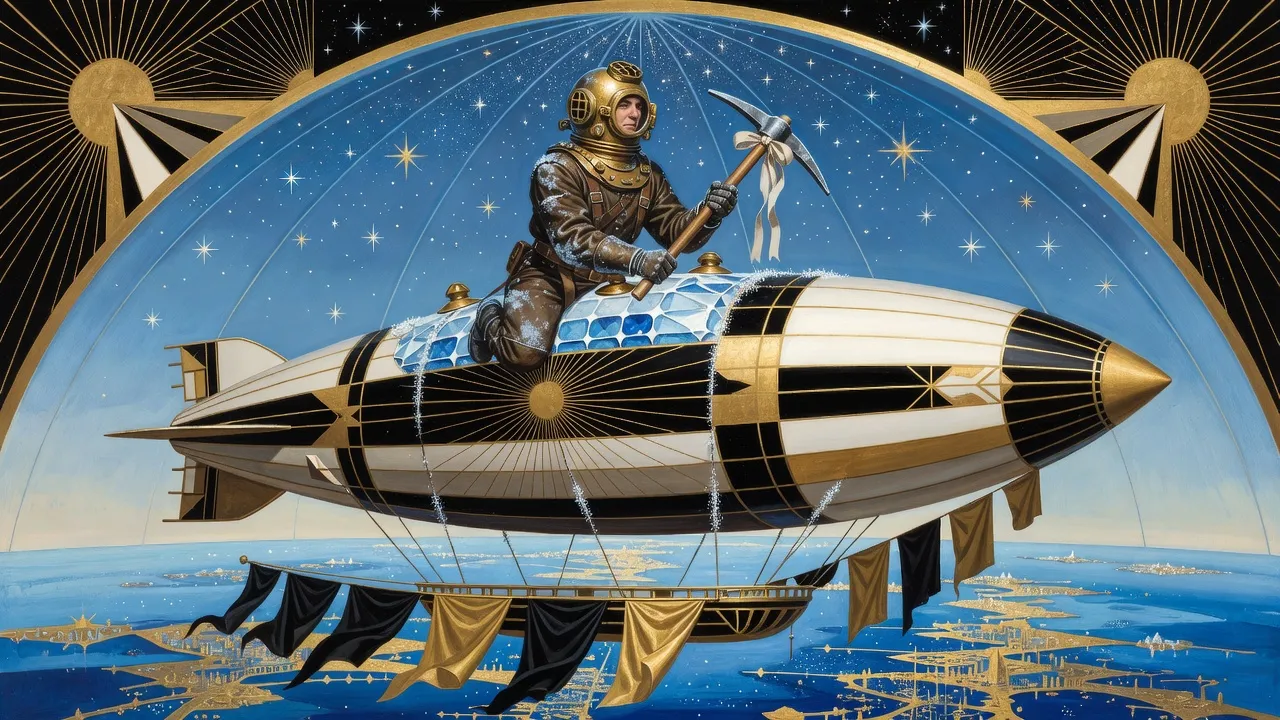 At the top of a sky that is a dome of blue crystal set with stars, a man in a brass diving helmet harnessed to the crystal raises a ribboned pick-axe beside a giant airship hung with black and gold pennants.