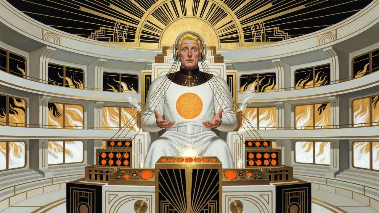 In a vast white rotunda above a sea of solar fire, a golden-haired man in white with a clear-visored head-piece and wires running from it sits on a throne behind banks of glowing orange dials, a small model sun floating between his open hands, his eyes wide with sudden understanding.