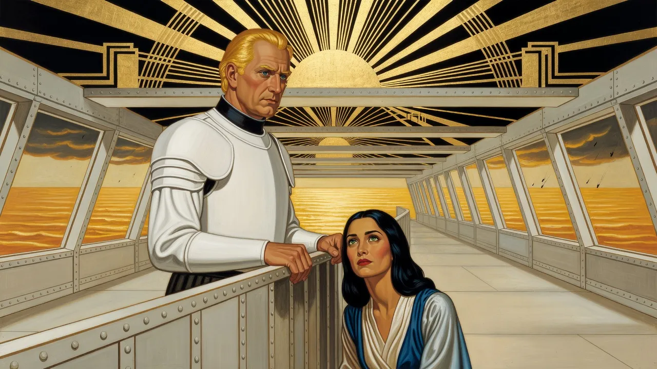 In a long metal gallery overlooking the calm golden surface of the sun, a golden-haired man in white armour stands gripping the rail with a grave face while a dark-haired woman in blue and silver silk kneels against the railing looking up at him.