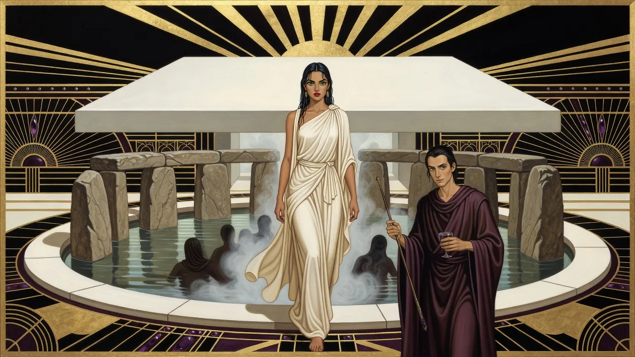 Beneath a vast square stone roof floating over a round pool ringed by standing stones, a wet-haired woman in a pale toga steps out of the water and turns away from a thin man in wine-coloured robes leaning on a wand.