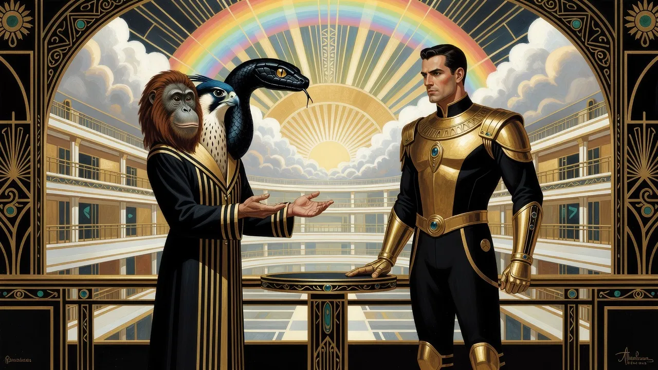 On a glowing balcony in a canyon of tiered balconies under a cloud of rainbow light, a three-headed figure with the heads of an orang-utan, a falcon and a black snake spreads its hands toward a man in black and gold armour who grips the rail, turning away.