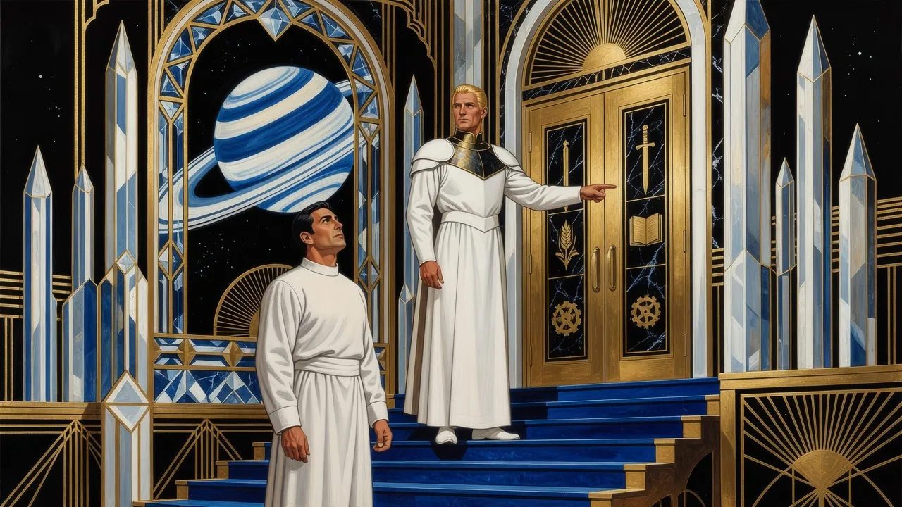 In a palace of crystal spires, a golden-haired man in white armour stands on blue lapis stairs before tall golden doors with carved black panels, pointing up to them, while a younger man in white looks up eagerly from the steps below.