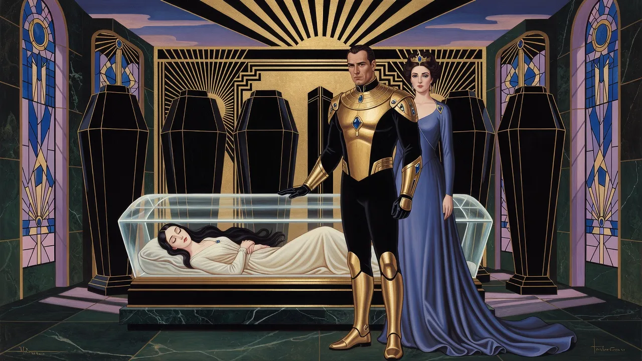 In a dark green marble mausoleum lit by mauve stained glass, a man in black and gold armour stands with his head bowed and one hand on a clear crystal coffin where a pale dark-haired woman sleeps, while a tall woman in a twilight-blue gown stands behind him.
