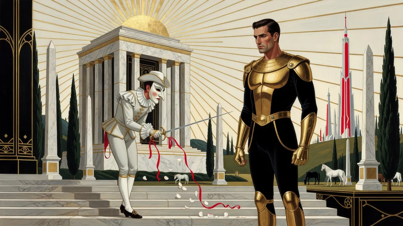 Under a blazing point of light high in the sky, among dark cypresses and white obelisks, a grotesque masked figure in a pale doublet and white tricorn bows on a marble stair, a ribboned rapier in hand, to a man in black and gold armour.