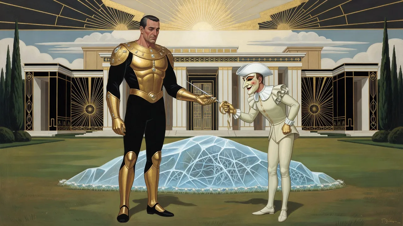 On a lawn before a columned mausoleum, a grinning masked figure in a pale doublet and white tricorn touches the tip of a ribboned rapier to the open gold-gauntleted palm of a man in black and gold armour, while a low mound of ice-blue crystal on tiny legs crawls toward them over the grass.