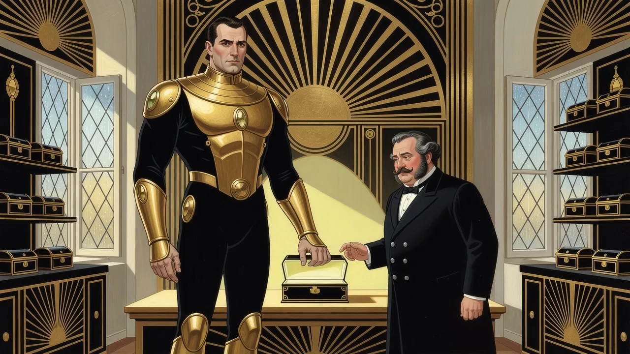 In a sunlit Victorian chamber of shelves and caskets, a man in black and gold armour lifts the lid of a small dark casket from which a soft light rises, while a whiskered butler beside him reaches anxiously toward it.