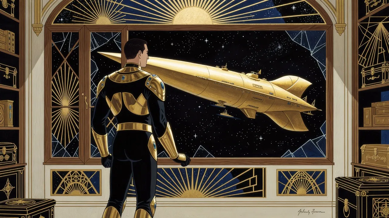 A man in black and gold armour, seen from behind, stands at a shattered window in a room of caskets that opens onto deep space, where an immense golden starship with a long pointed prow and swept tail fins hangs among the stars.