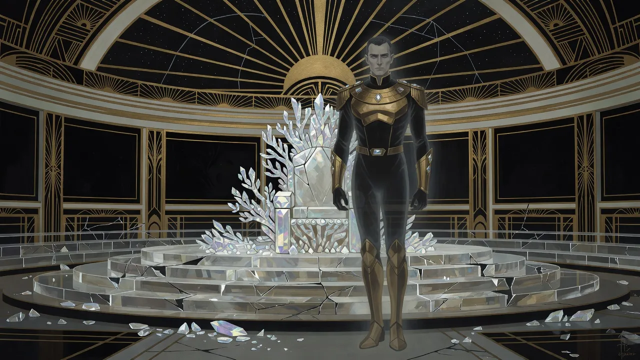 On a vast, dark, half-ruined crystal bridge like an amphitheatre, a pale translucent figure in black and gold armour stands before a throne-like captain’s chair crusted with white coral-like growths, shards of crystal strewn across the cracked steps.