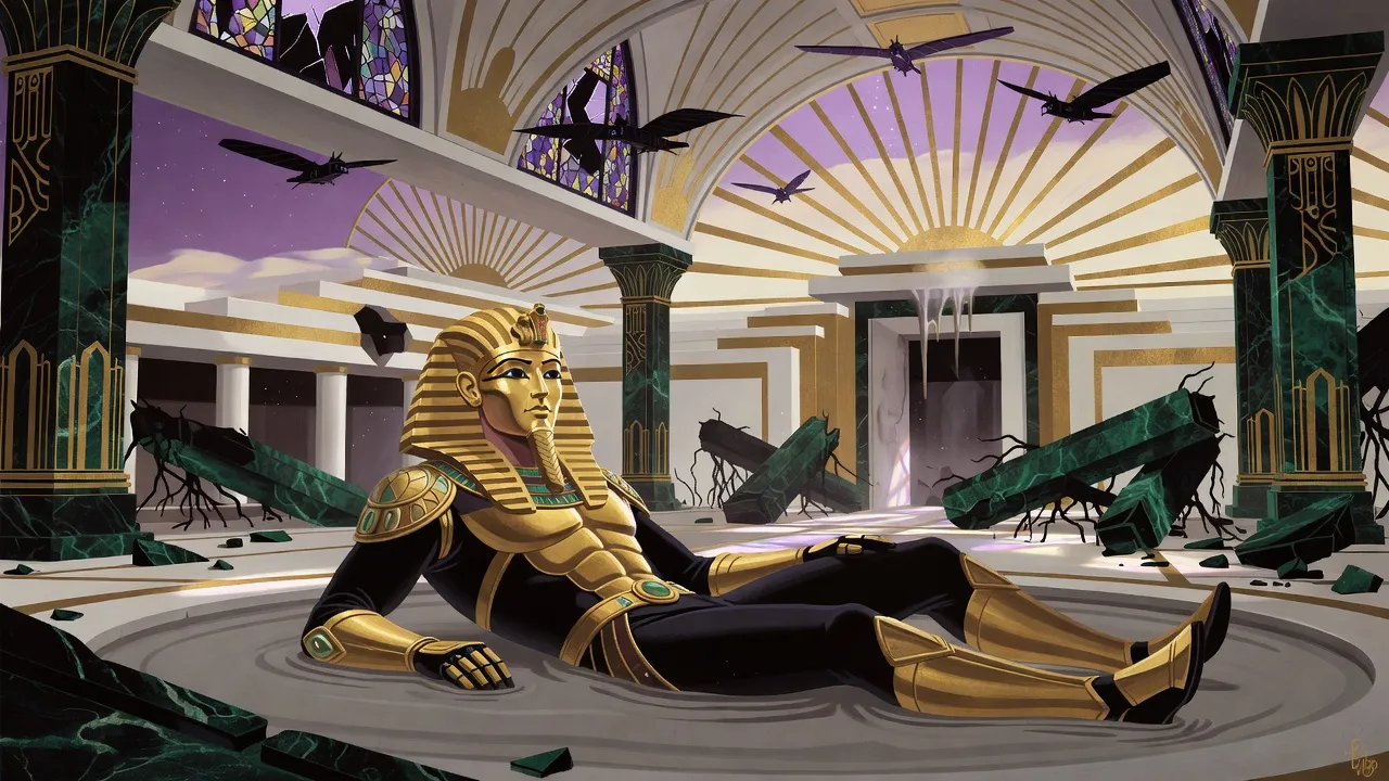 In a wrecked green marble mausoleum with toppled pillars, a figure in black and gold armour with a closed golden helmet lies sprawled with his limbs locked in a pool of solid grey stone, small winged machines hovering above.