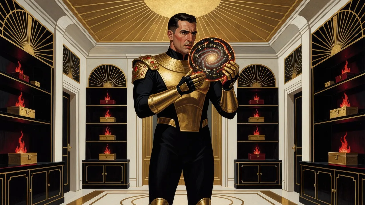 In a Victorian chamber flickering with red light like silent fire, a stern man in black and gold armour holds a small, slowly turning spiral of stars traced with lines of golden fire in his open gauntlet.