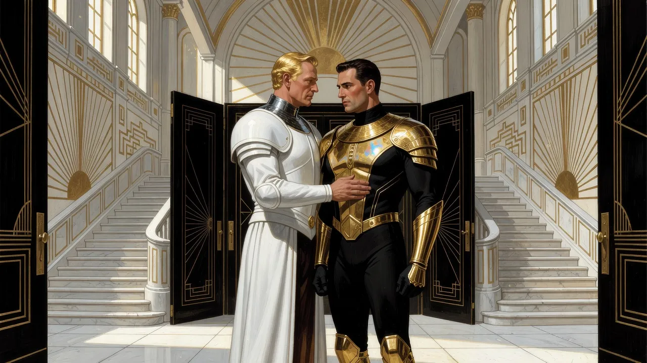 In a bright hall at the foot of a sweeping white staircase, a golden-haired man in white armour grips a dark-haired man in black and gold armour by the shoulders as they look gravely into each other’s eyes.