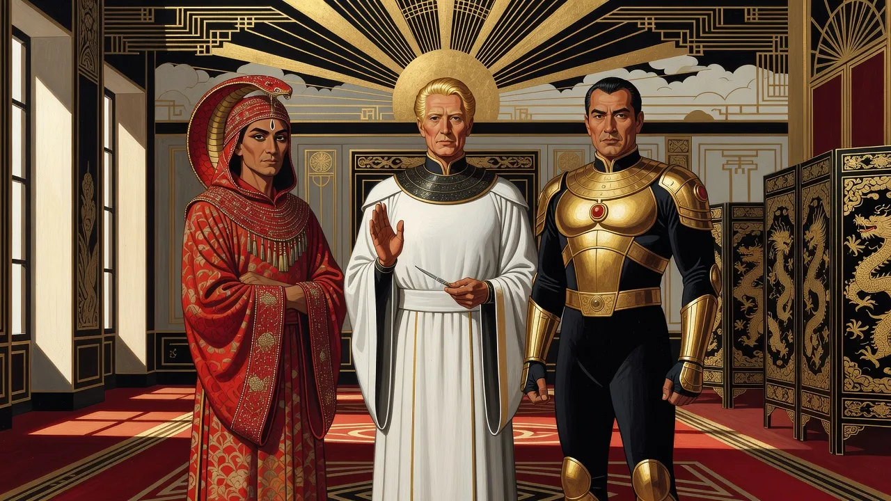 In a red-carpeted anteroom with Chinese screens, a tall man in a hooded red-and-gold robe with a cobra-shaped hood folds his arms, facing a golden-haired man in white armour who holds up one open palm, while a man in black and gold armour stands beside him.