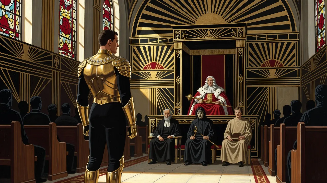 In a long Victorian hall of stained glass and tiered pews, a man in black and gold armour stands in a shaft of sunlight facing a canopied dais where a wigged figure in scarlet and ermine sits above three seated masters.
