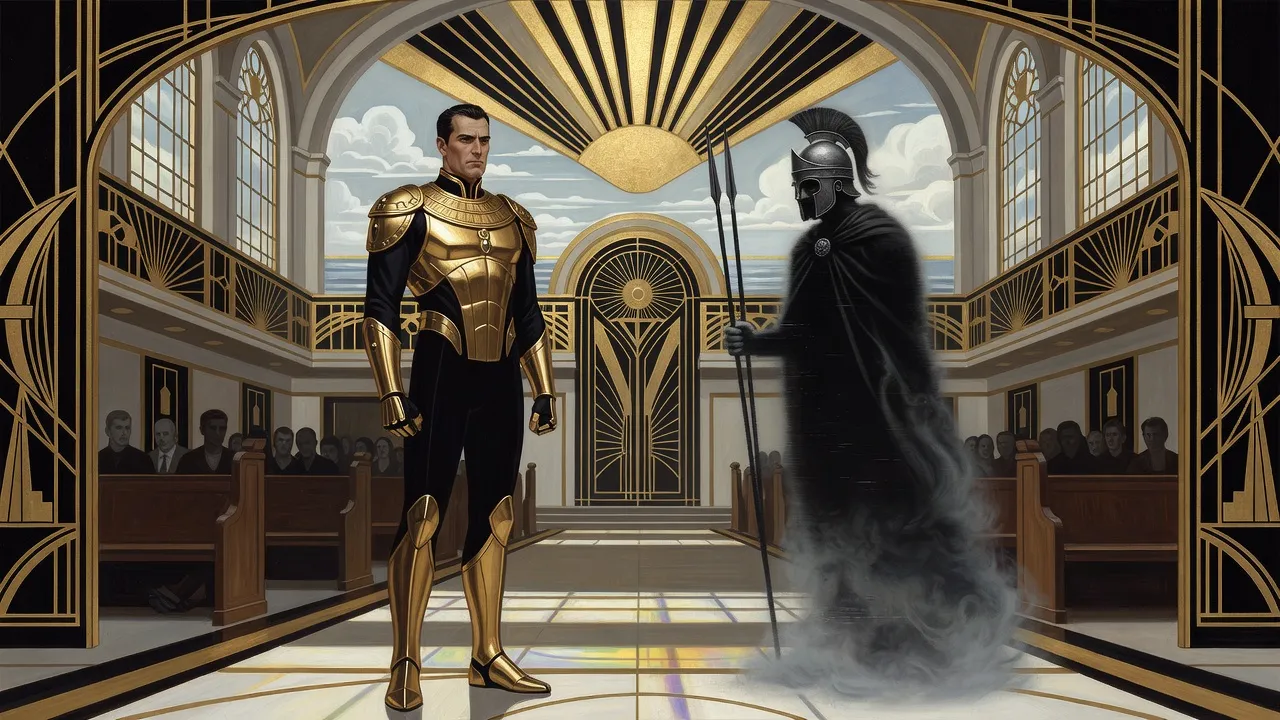 In a Victorian hall of pews, a flickering black-and-white ghostly figure in a horse-plumed bronze-age helmet and a misty cloak faces a man in black and gold armour while rows of figures stare.
