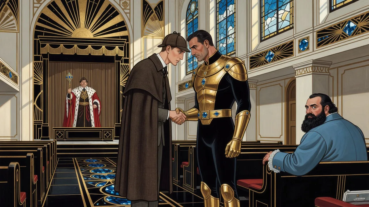 In a Victorian hall, a lean man in an Inverness cape and deerstalker shakes hands with a man in black and gold armour and murmurs in his ear, while a bearded man in a pigeon-blue coat watches from a pew and a robed figure in scarlet and ermine holds a mace on a distant dais.