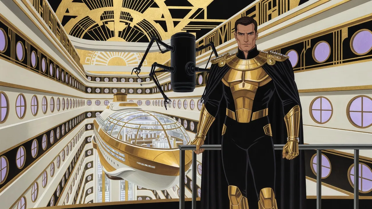 A man in black and gold armour with a black cloak stands at a railing beside a vast shaft ringed with round windows, where a huge gold and crystal elevator car like an ocean liner hangs below a spidery cylindrical robot.