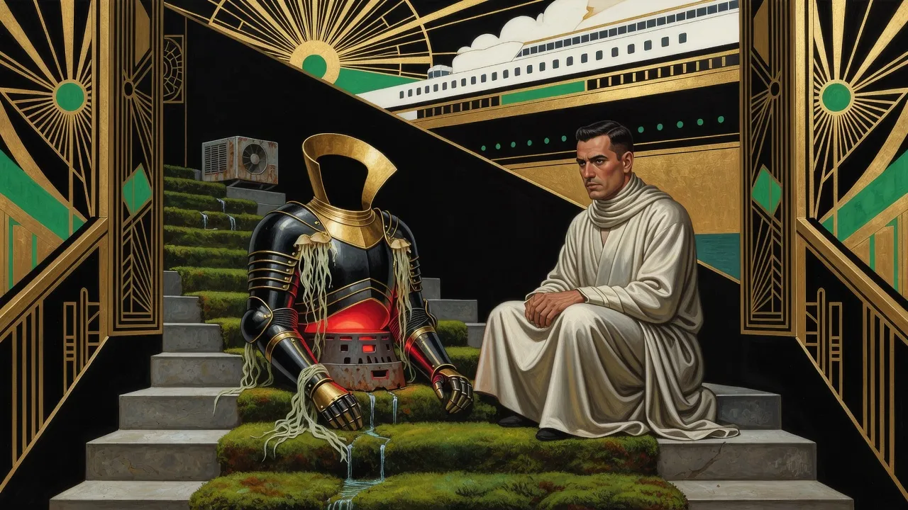On a dark stair landing carpeted in green moss with a tiny stream running down the steps, a man wrapped in pale silk sheets sits facing a hollow suit of black and gold armour that glows red like a stove and is draped in pale seaweed-like fronds.