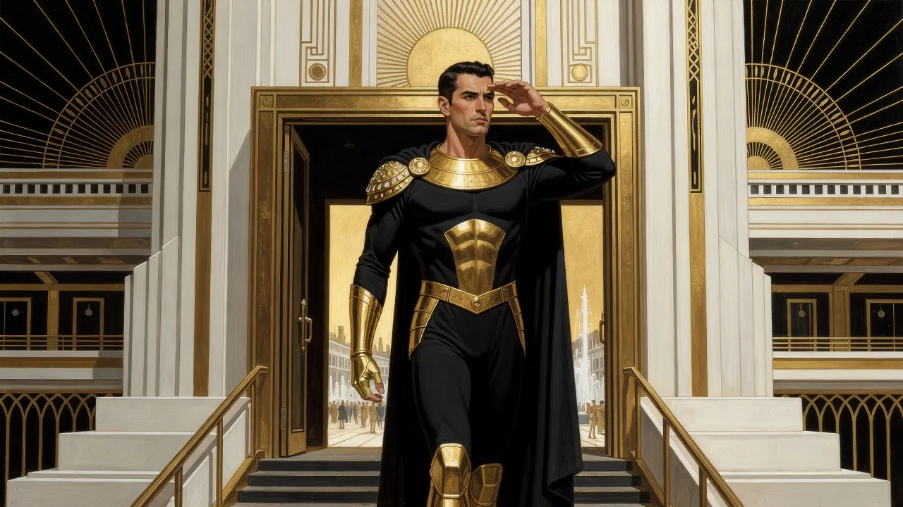 In a dark doorway at the foot of a vast tower, a man in black and gold armour with a dark cloak squints and raises a hand against a bright rectangle of daylight full of distant crowds and fountains.