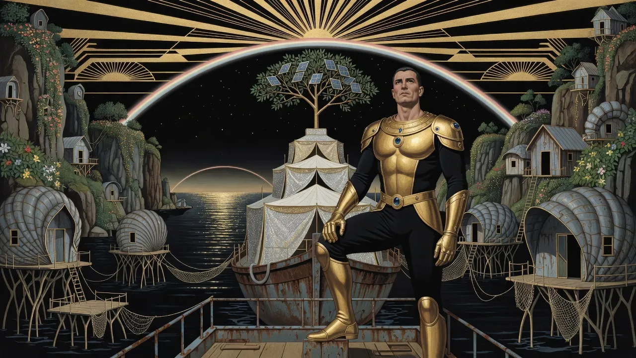 At night, a man in black-and-gold armour stands alone on a rusty deck with one boot raised, looking up at faint stars under a pale arc of light across the sky, a tiered-tent barge and stilt-legged shell houses behind him.