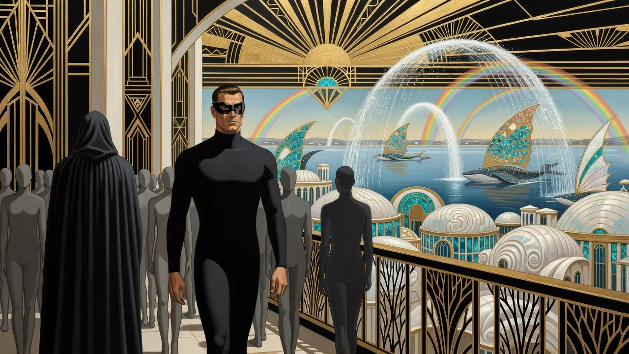 A masked man in a black suit walks through a crowd of grey faceless mannequins on a vast balcony above a city and a lake, a tall cloaked figure following behind him.