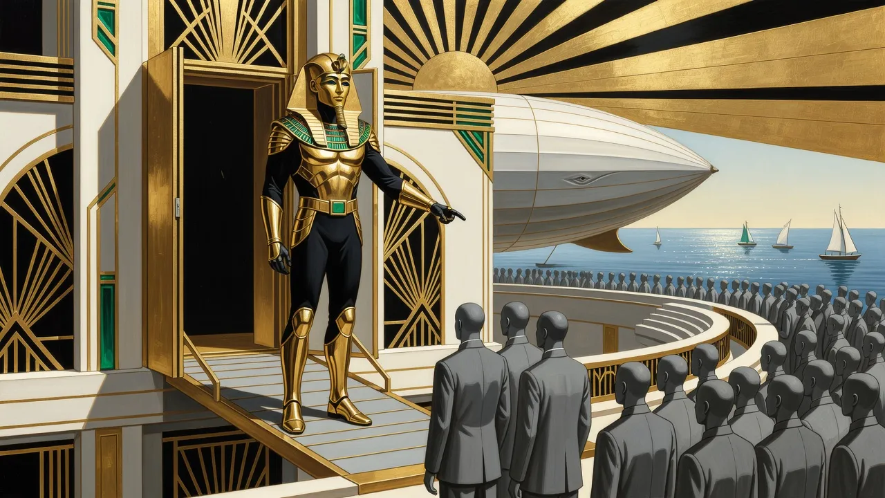 A figure in gold armour stands at the top of an airship’s boarding ramp, pointing down at three grey mannequins while a huge crowd turns toward him.