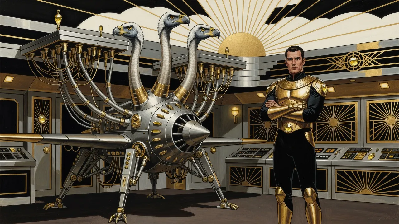 A huge cyborg with six metal legs and three vulture heads stands plugged into the ceiling controls of a cramped cabin while a man in black-and-gold armour folds his arms and faces it.