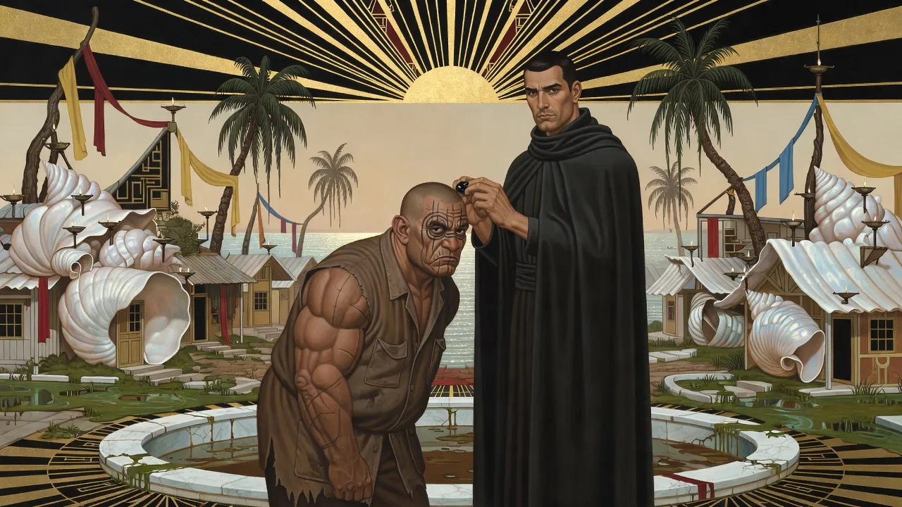 In the square of a decaying town of overgrown shell-shaped houses, a cloaked man by a muddy pool dabs black material on the head of a bald, tattooed man.