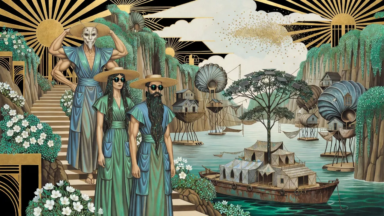 Three figures in shimmering blue-green coats and wide straw hats climb a flowering cliff path above a bay of stilt houses, the leader four-armed and insect-faced.