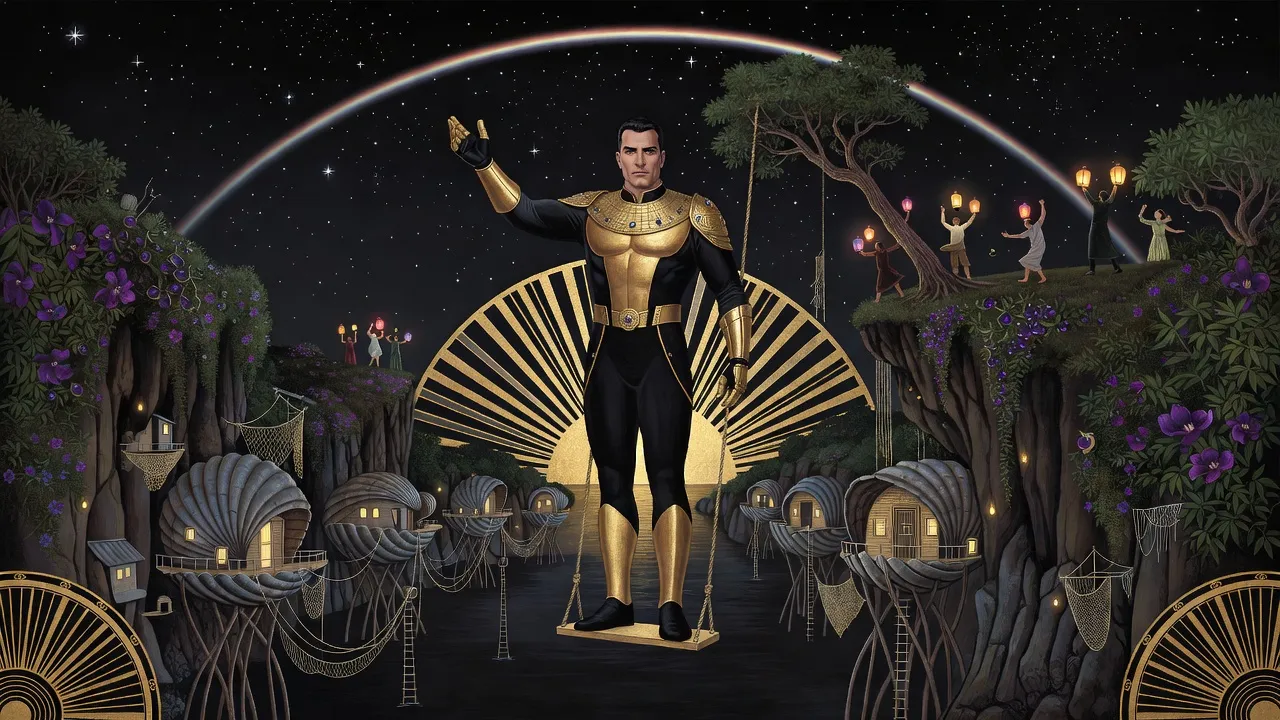 At night a man in gold-and-black armour stands in a rope swing at the top of its arc over a dark sea, reaching up toward the stars.