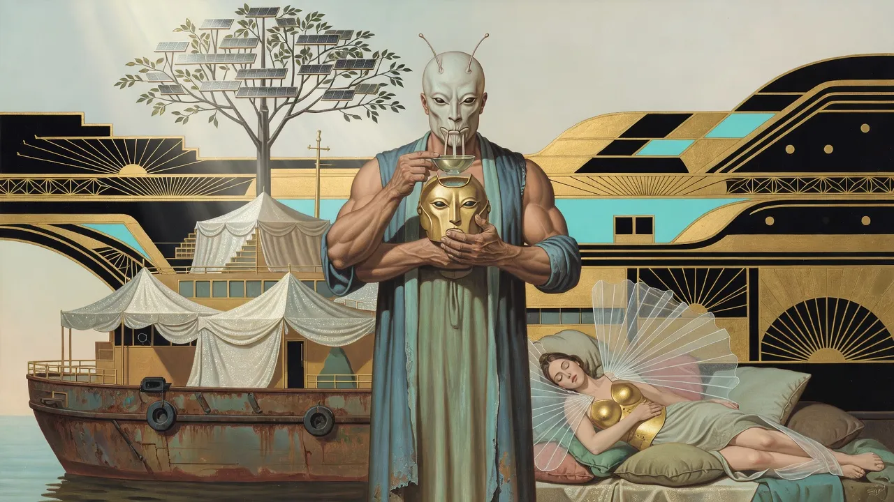 Under glittering canopies on a rusty barge, a four-armed, insect-faced man sips from an upturned golden helmet while a winged woman sleeps hugging a gold breastplate.