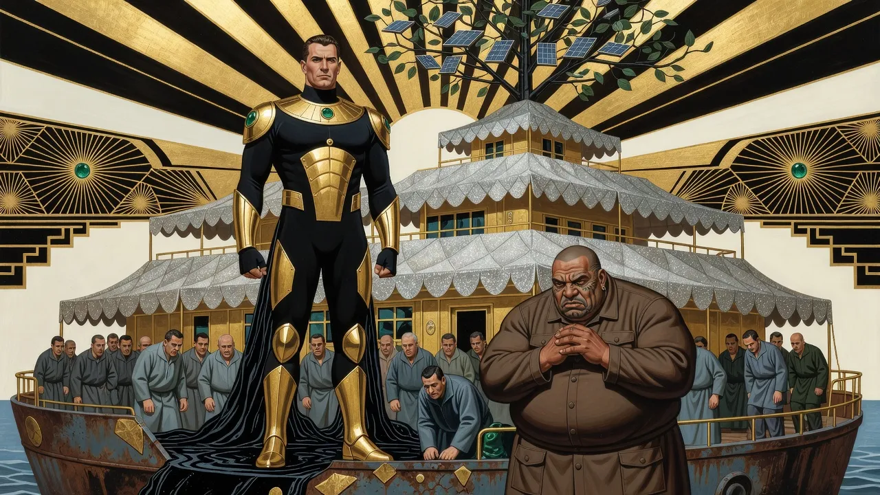 On a crowded barge deck, black liquid flows up over a man as gold armour plates rise into place, while sullen onlookers glare and a bald, tattooed man sits weeping.