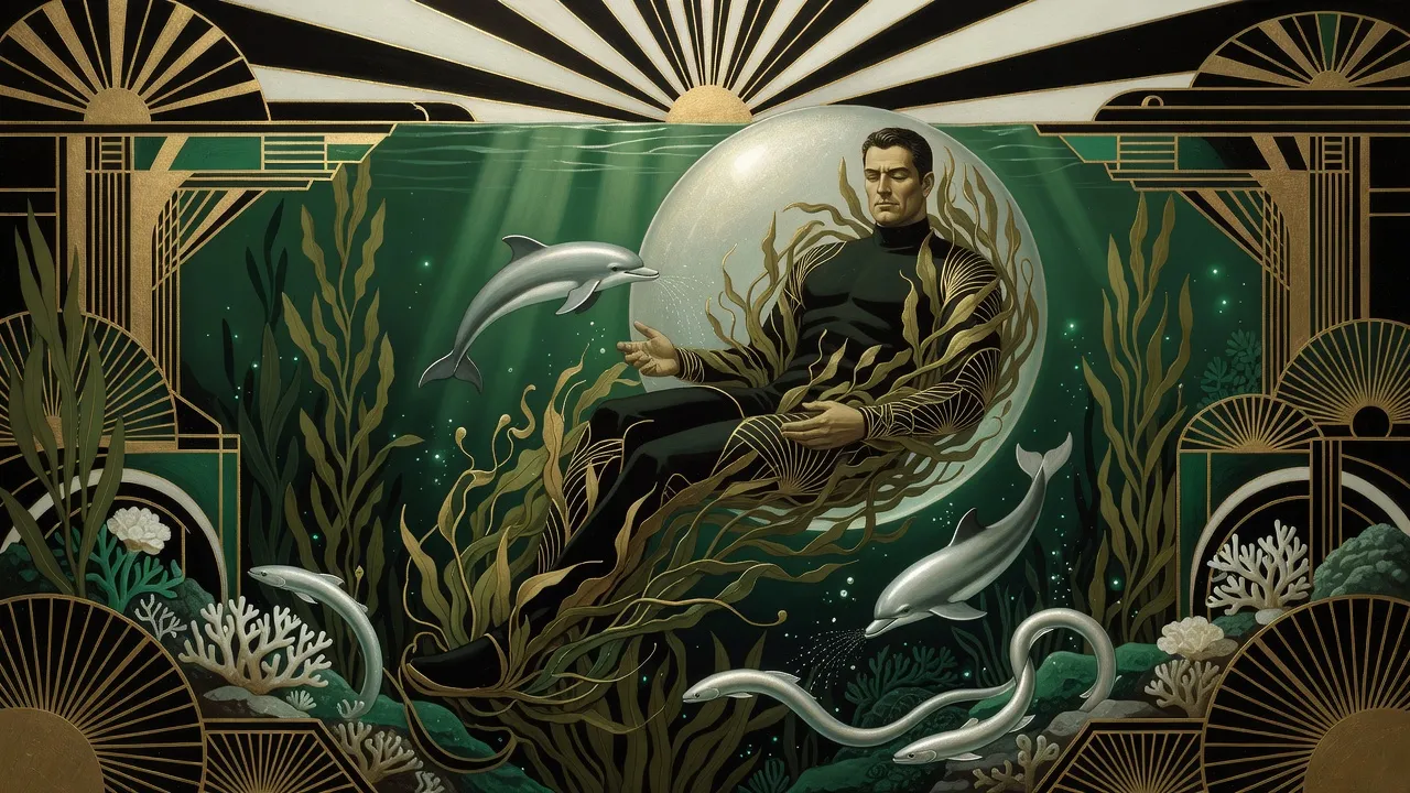 Deep under a green sea, a man lies cradled in a silvery bubble of air, wrapped in kelp and vines, while two dolphins swim down to him.