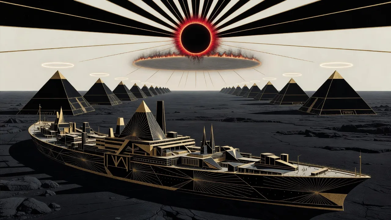 A black sun ringed by a blazing red corona hangs over a dark plain, with two long rows of black pyramids running toward the horizon and a vast black-and-gold ship hull lying in front.