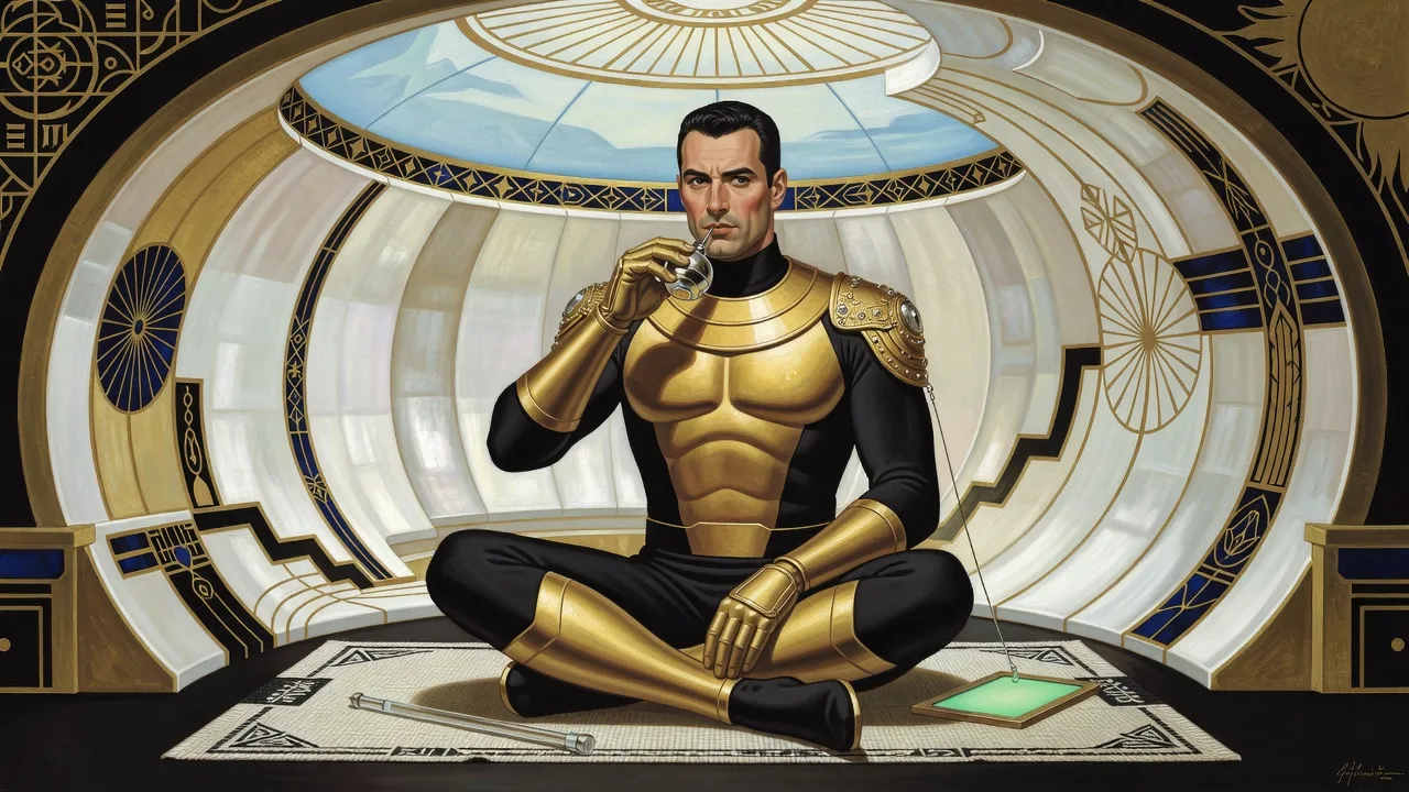 Inside a white-lit, pearly spiral room, a man in black-and-gold armour sits cross-legged on a woven mat sipping from a small bulb, a glowing slate beside him.