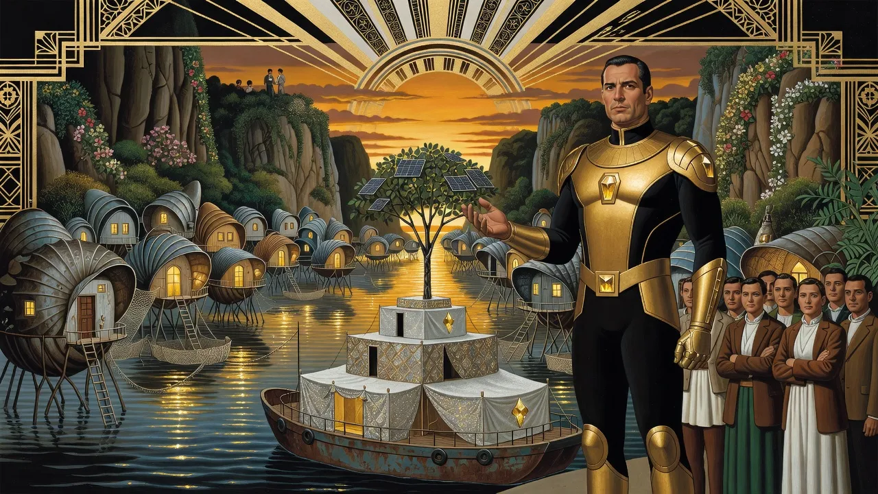 At sunset every stilt-legged shell house in a bay glows with lit windows while a man in gold armour stands in the foreground with an open hand toward them, a small barge beside him and a group of unsmiling people in brown jackets and white and green tunics at his side.