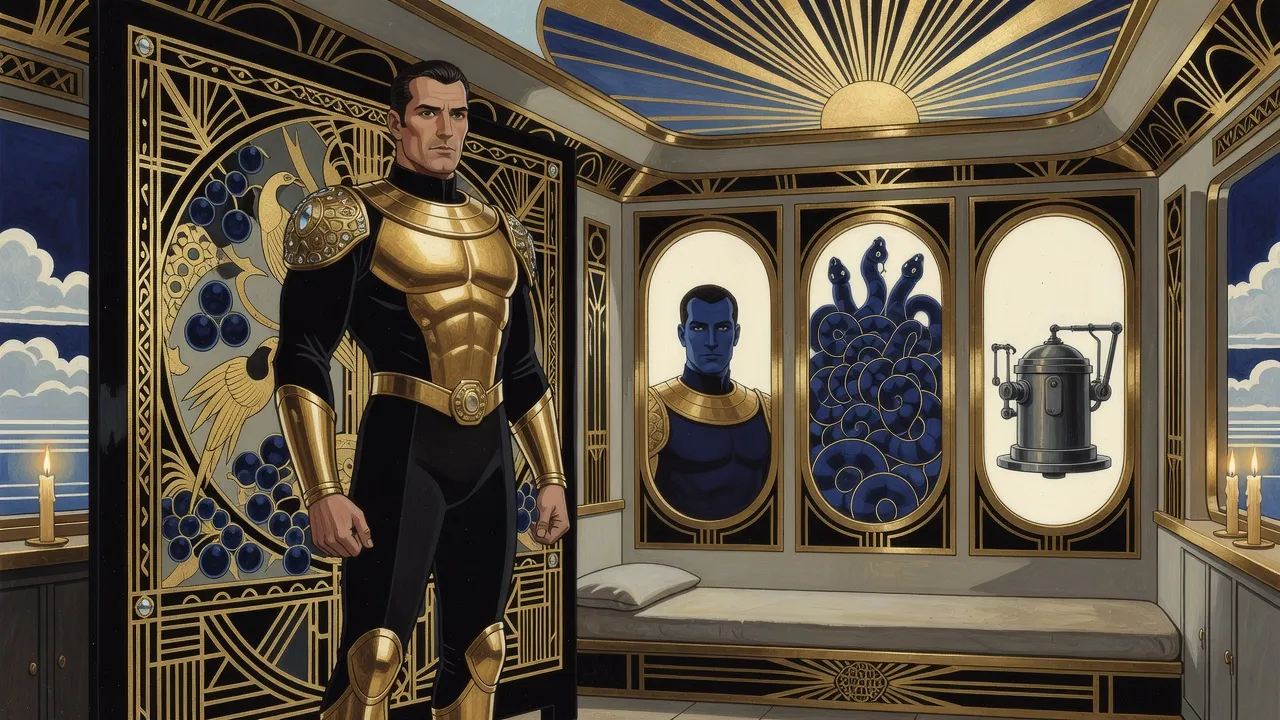 In a bare steel cabin, a man in gold armour stands before a screen of gold birds, facing three framed oval panels showing an indigo-faced man, a mass of snakes and a metal cylinder.